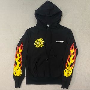 READYMADE JAPAN Men's Small Black 100% Cotton Long Sleeve Flame Print Hoodie